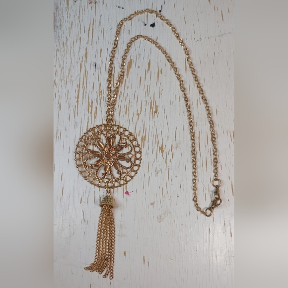 Single Gold Chain Long Necklace with Gold Sun Medallion Pendant & Tassel - Picture 2 of 8